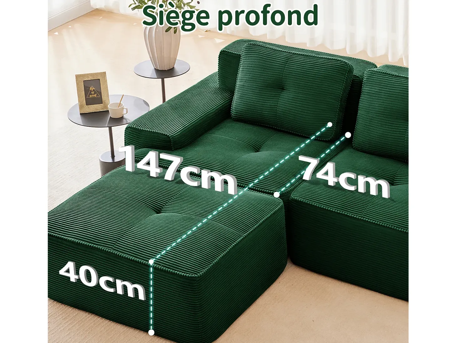 Sofá Modular 3 plazas en Pana, con 3 cojines, 74cm asiento extra profundo, 293x104x69cm, Verde