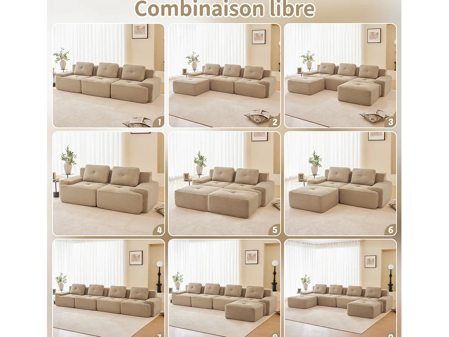 Sofá Modular 2 plazas en Pana con 2 cojines, sin montaje, 204x104x69cm, Beige