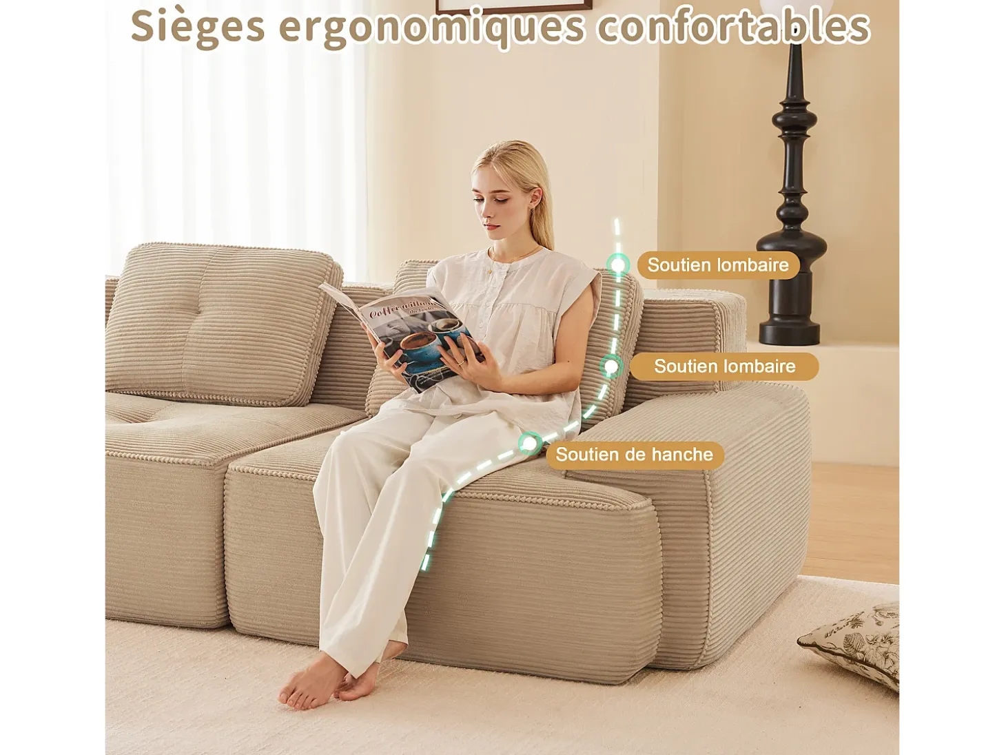 Sofá Modular 2 plazas en Pana con 2 cojines, sin montaje, 204x104x69cm, Beige