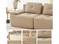 Sofá Modular 2 plazas en Pana con 2 cojines, sin montaje, 204x104x69cm, Beige