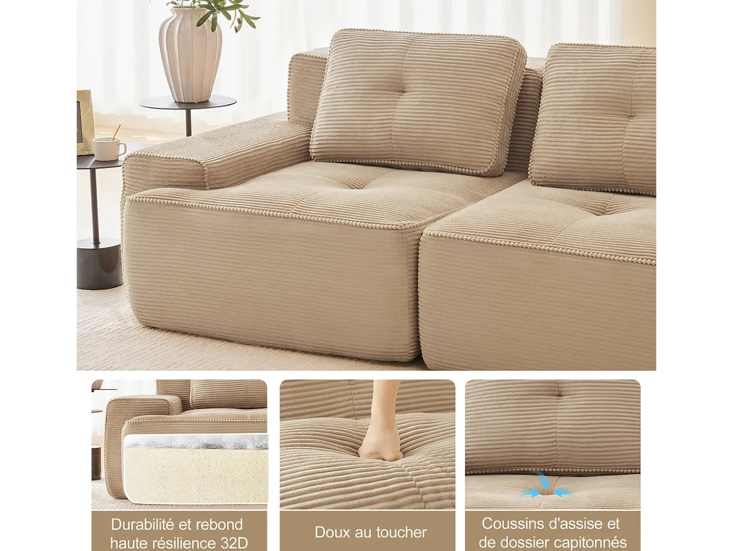 Sofá Modular 2 plazas en Pana con 2 cojines, sin montaje, 204x104x69cm, Beige