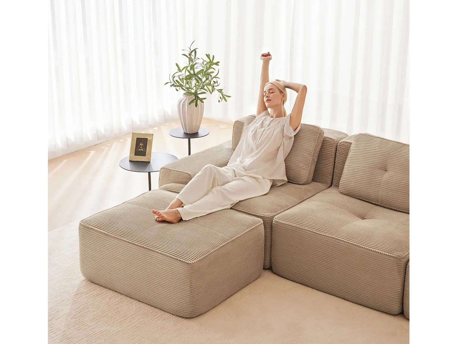 Sofá Modular 2 plazas en Pana con 2 cojines, sin montaje, 204x104x69cm, Beige