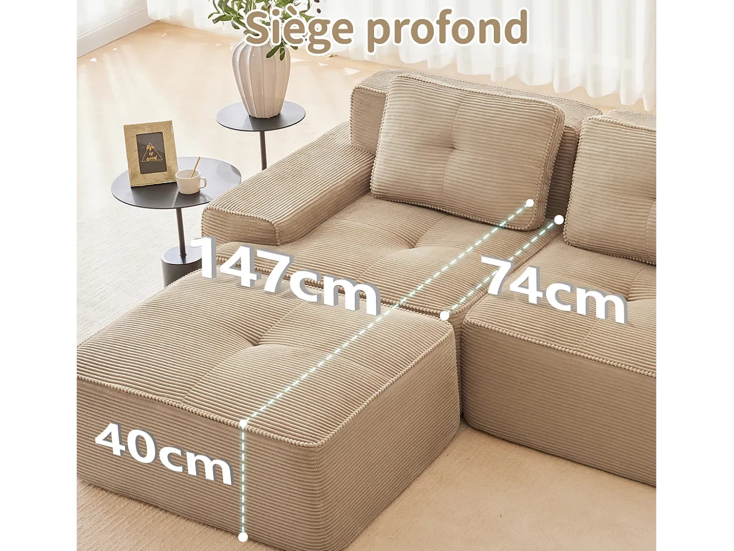 Sofá Modular 2 plazas en Pana con 2 cojines, sin montaje, 204x104x69cm, Beige