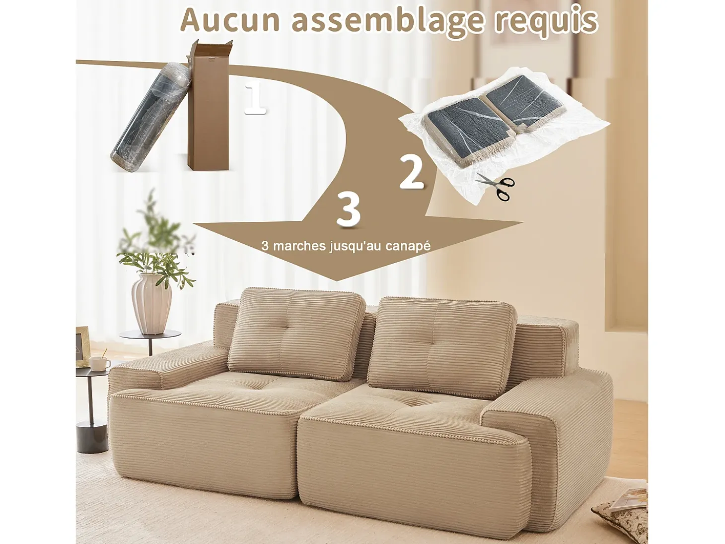 Sofá Modular 2 plazas en Pana con 2 cojines, sin montaje, 204x104x69cm, Beige