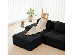 Sofá Modular 2 plazas en Pana, con otomana y 2 cojines, 204x177x69cm, Negro