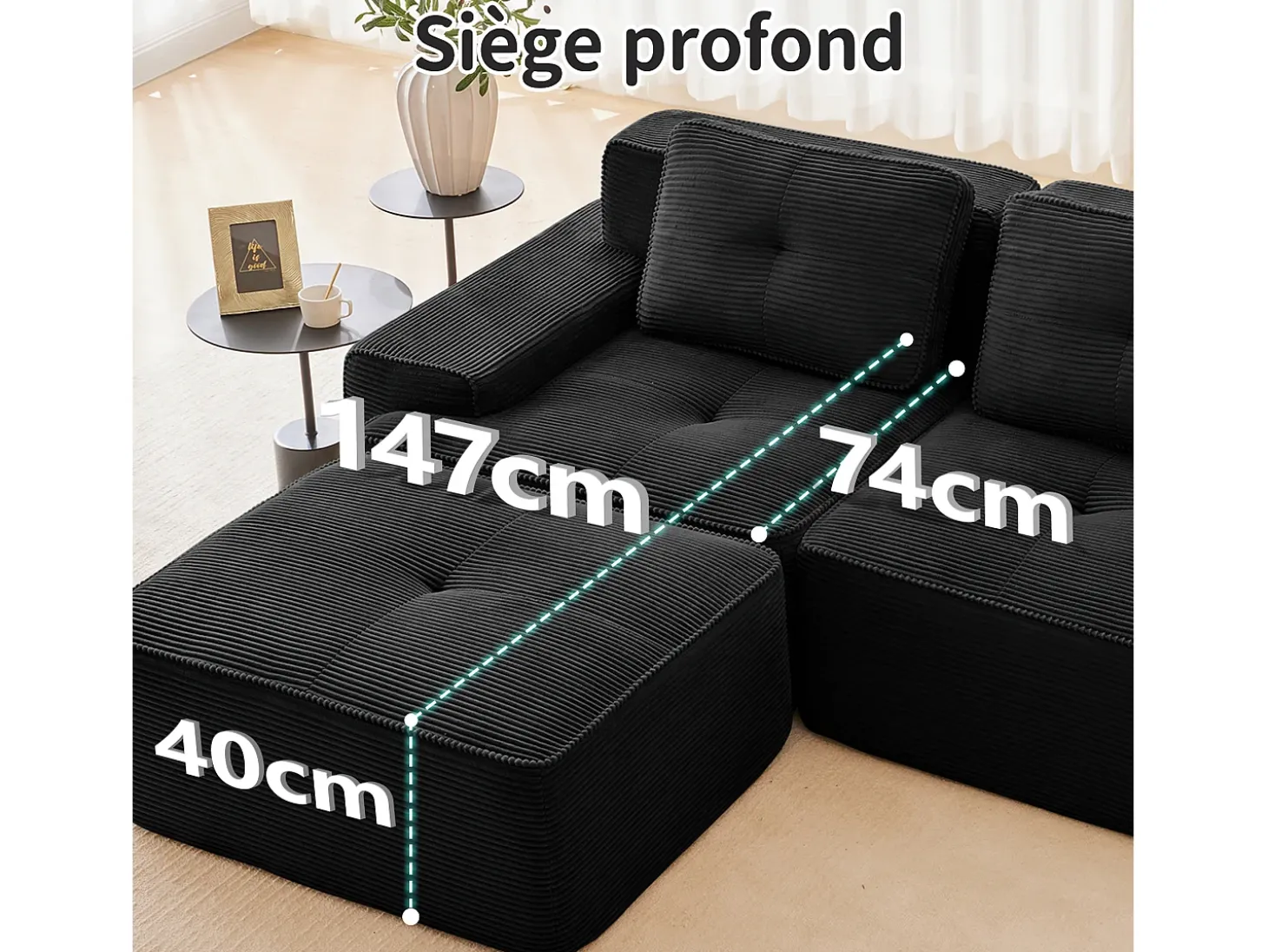 Sofá Modular 2 plazas en Pana con 2 cojines, sin montaje, 204x104x69cm, Negro