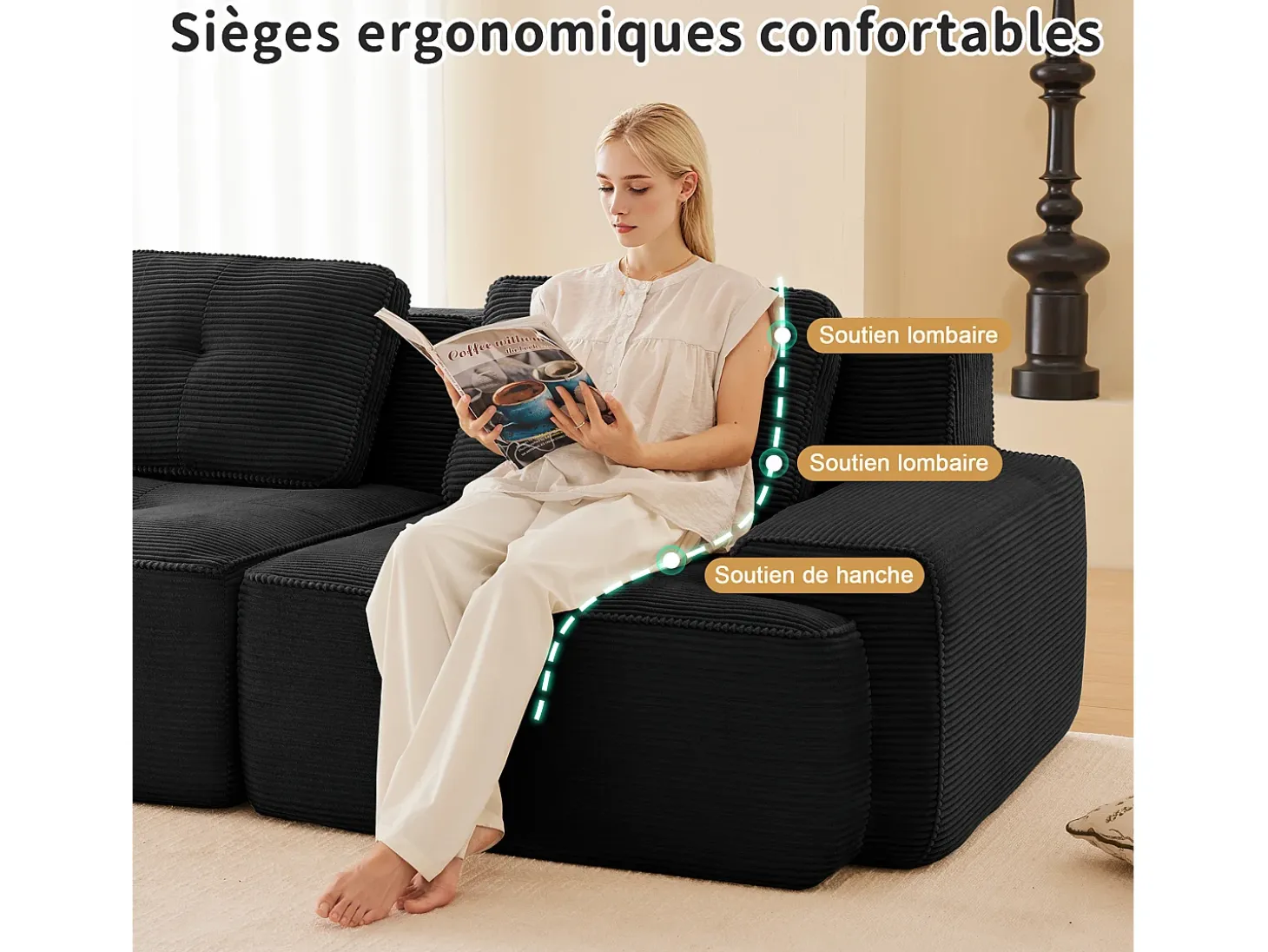 Sofá Modular 2 plazas en Pana con 2 cojines, sin montaje, 204x104x69cm, Negro