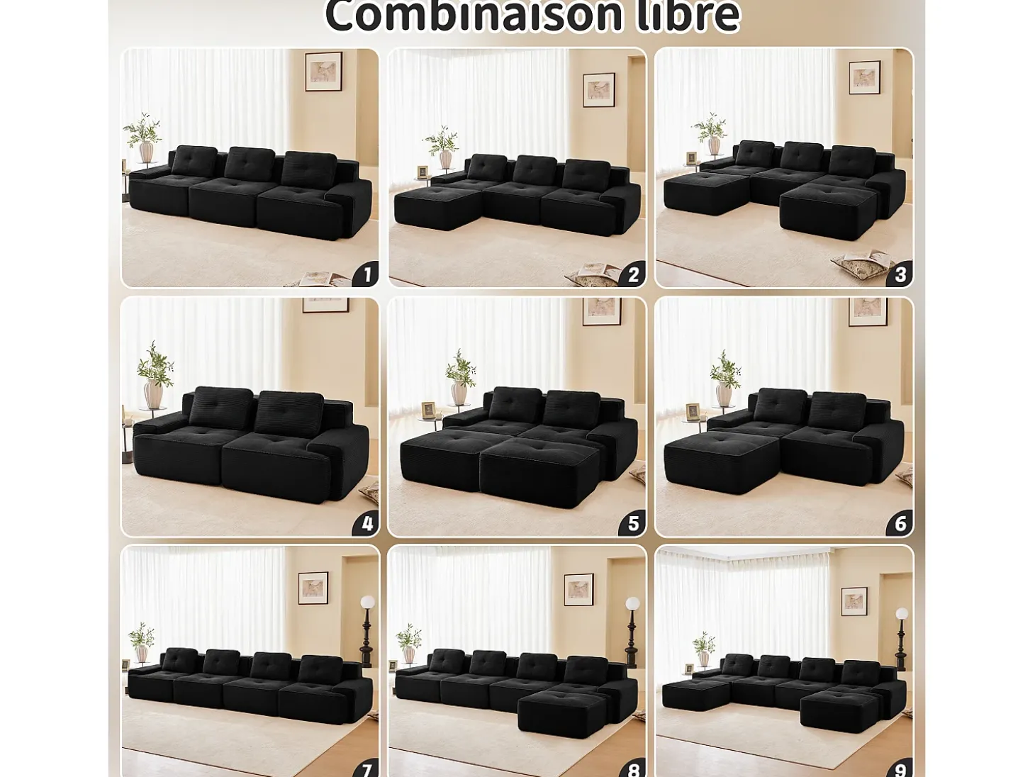 Sofá Modular 2 plazas en Pana con 2 cojines, sin montaje, 204x104x69cm, Negro