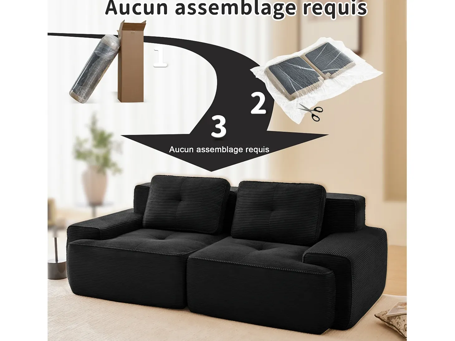 Sofá Modular 2 plazas en Pana con 2 cojines, sin montaje, 204x104x69cm, Negro