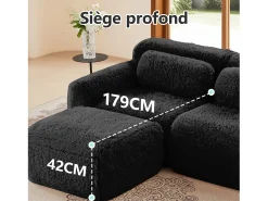 Sofá Modular 2 plazas en tela peluche, con 2 cojines, asiento extra profundo 75cm, 204x104x73cm, Negro