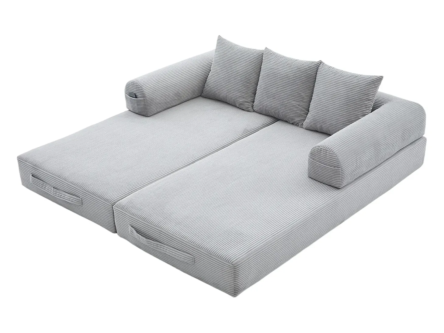 Sofá modular convertible de 3 plazas con 3 cojines y bolsillo lateral - Pana gris claro