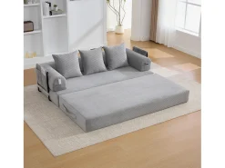Sofá modular convertible de 3 plazas con 3 cojines y bolsillo lateral - Pana gris claro