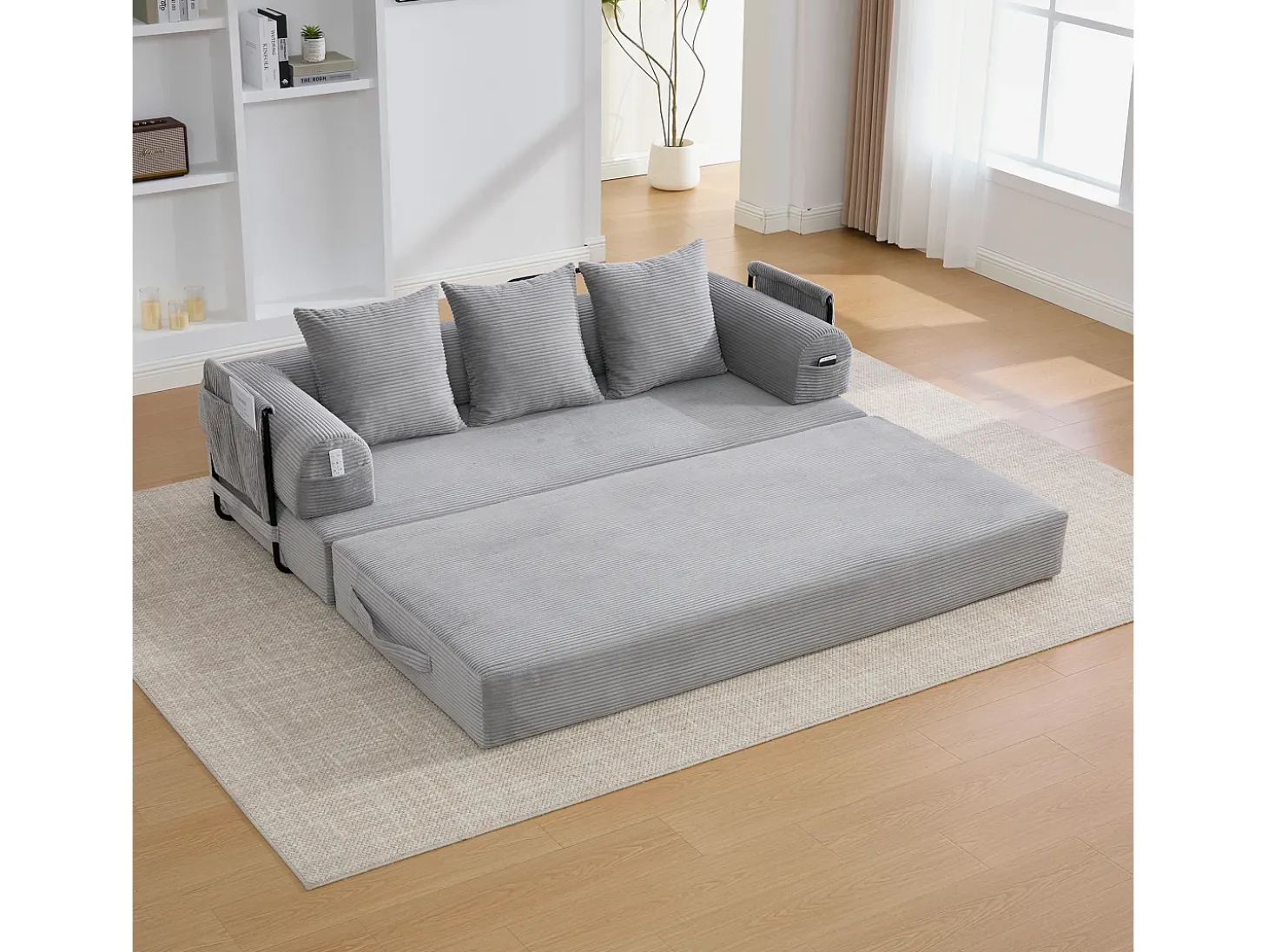 Sofá modular convertible de 3 plazas con 3 cojines y bolsillo lateral - Pana gris claro
