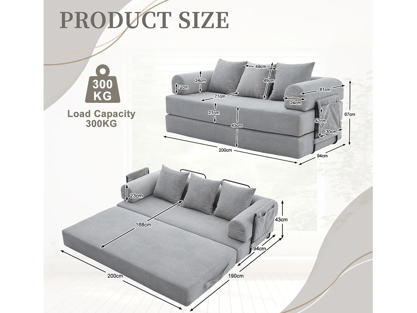Sofá modular convertible de 3 plazas con 3 cojines y bolsillo lateral - Pana gris claro