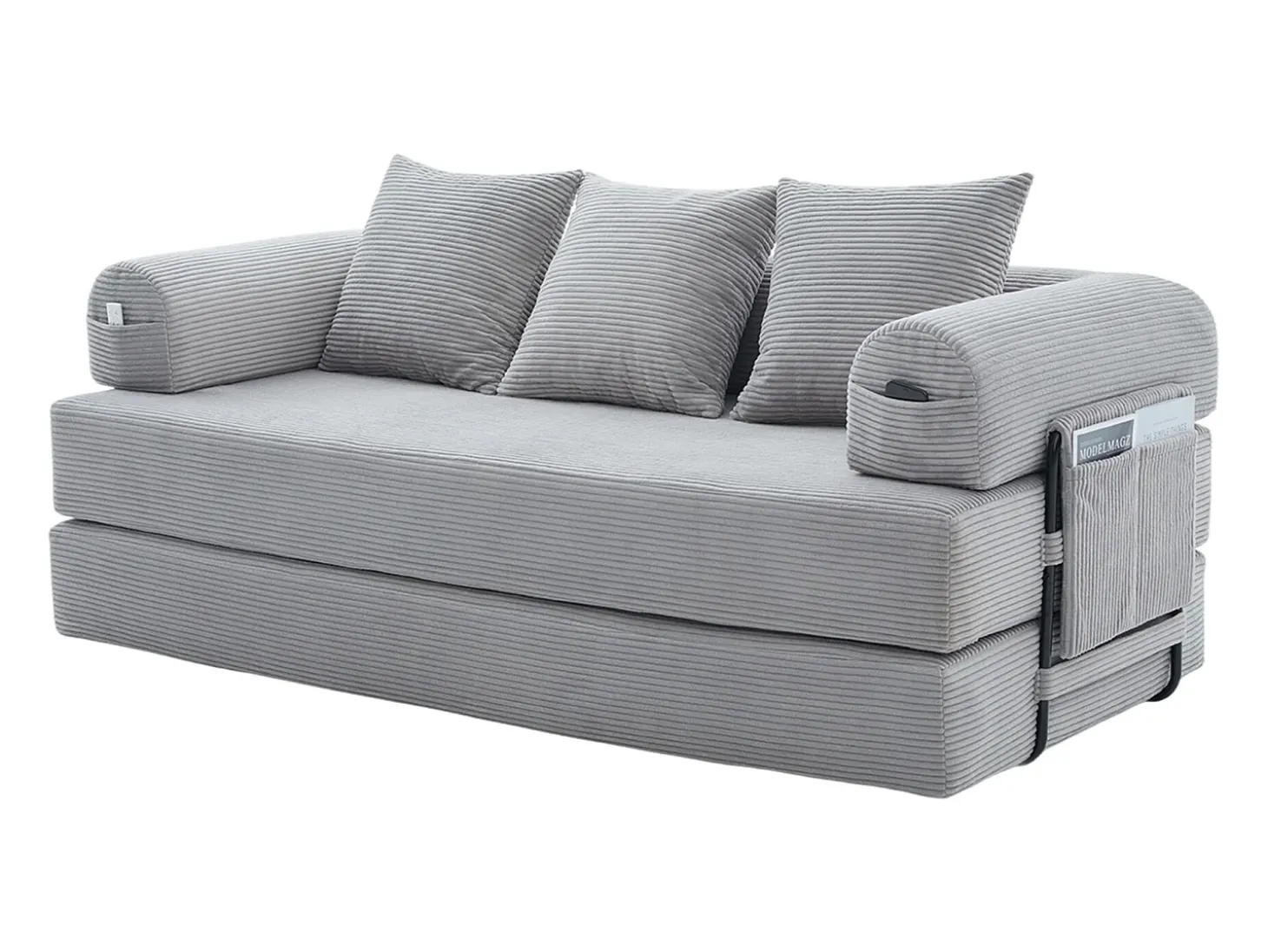 Sofá modular convertible de 3 plazas con 3 cojines y bolsillo lateral - Pana gris claro
