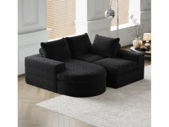 Sofá modular de 3 plazas en tela de chenilla negra con chaise longue redondeada - Respaldo acolchado