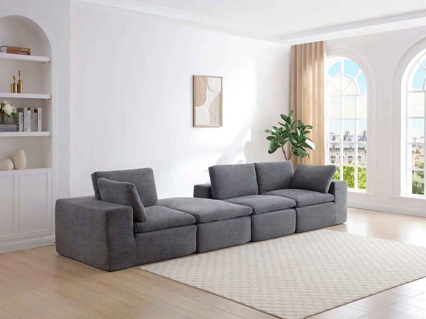 Sofá modular de esquina con puf en tejido gris antracita CORTOLINE