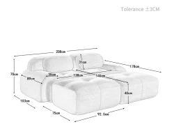 Sofá modular de pana - 2 plazas - con 2 cojines y 2 pouf - base antideslizante - 208x178x70cm - Gris