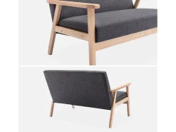 Sofá o banco con tela y patas de madera, 2 plazas gris oscuro