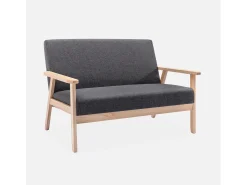 Sofá o banco con tela y patas de madera, 2 plazas gris oscuro