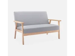 Sofá o banco con tela y patas de madera, 2 plazas gris claro