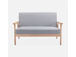 Sofá o banco con tela y patas de madera, 2 plazas gris claro