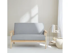 Sofá o banco con tela y patas de madera, 2 plazas gris claro