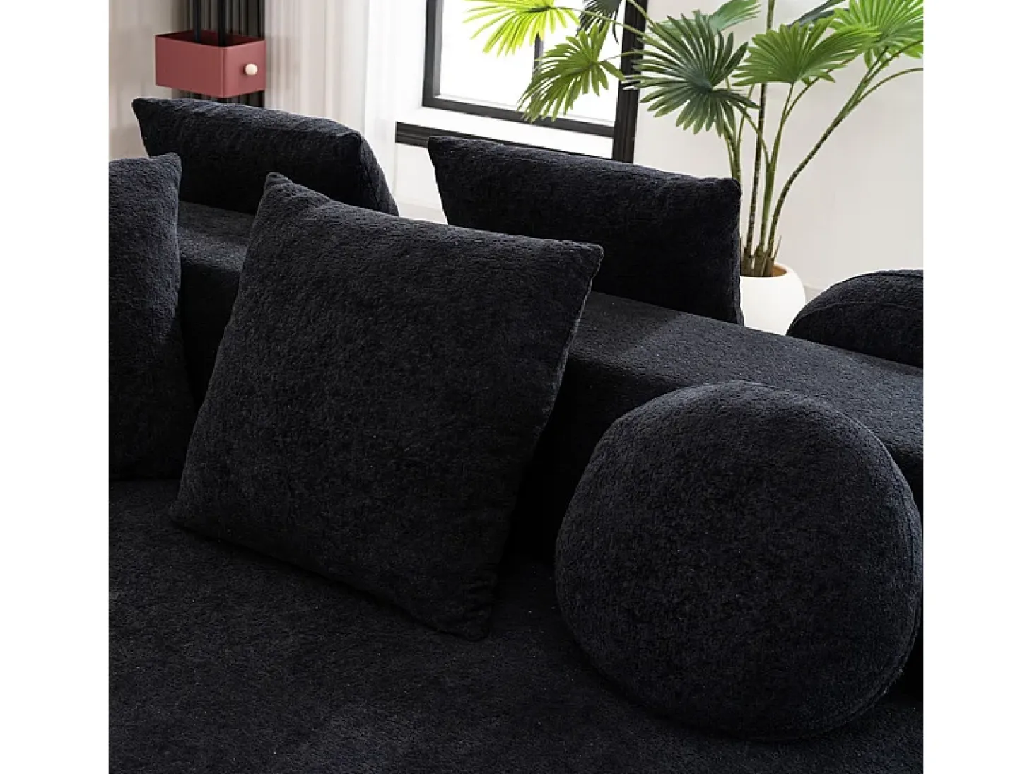 Sofá panorámico 5 plazas modular - de tejido Chenilla negro - con 6 cojines - 263x171x66cm