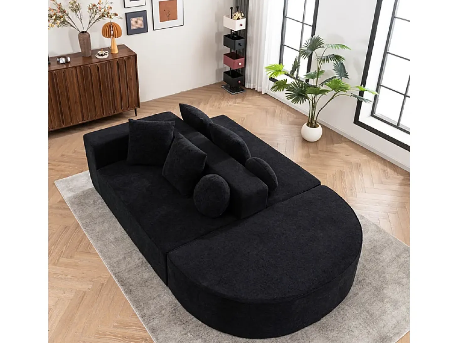 Sofá panorámico 5 plazas modular - de tejido Chenilla negro - con 6 cojines - 263x171x66cm