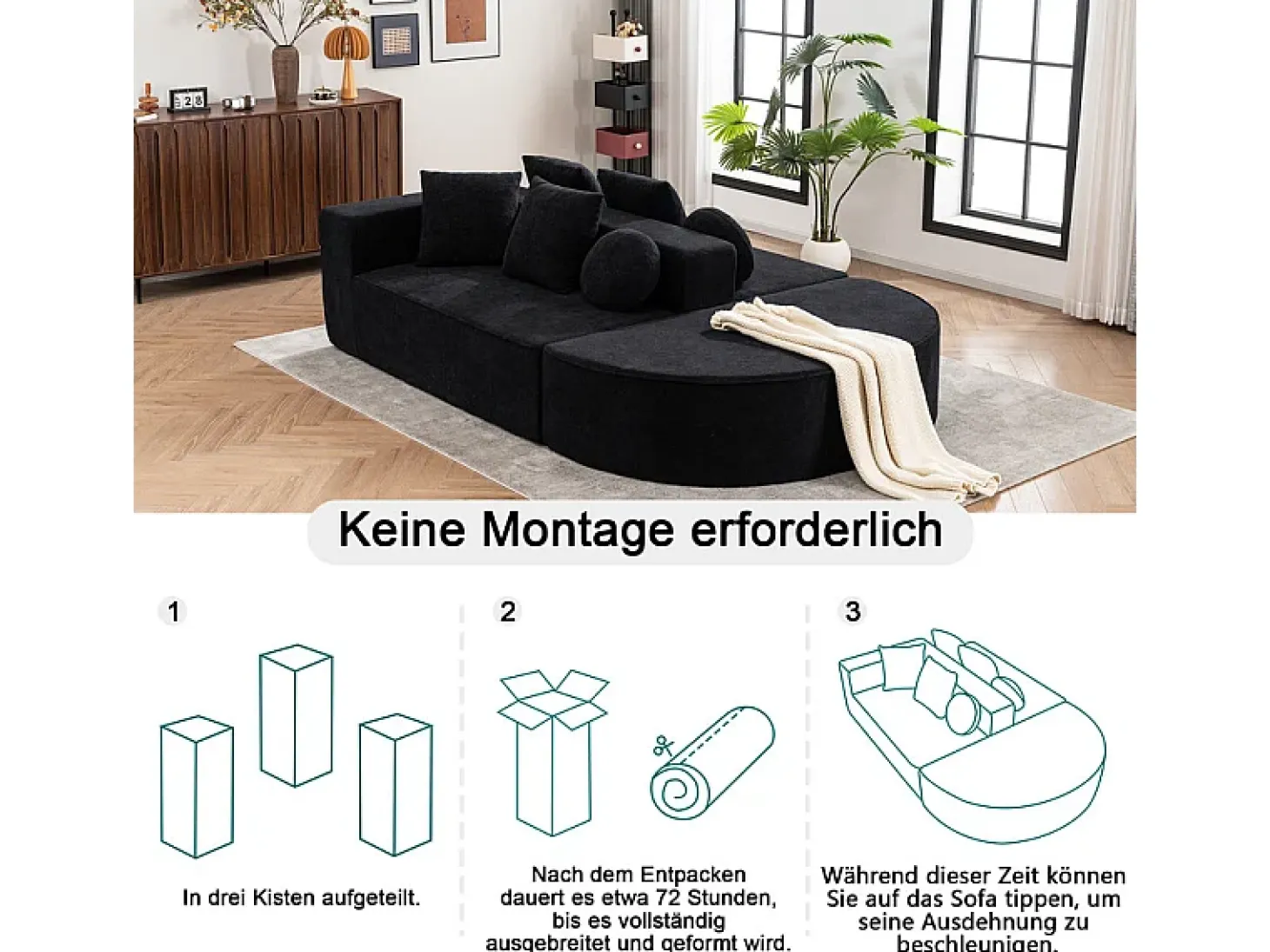 Sofá panorámico 5 plazas modular - de tejido Chenilla negro - con 6 cojines - 263x171x66cm