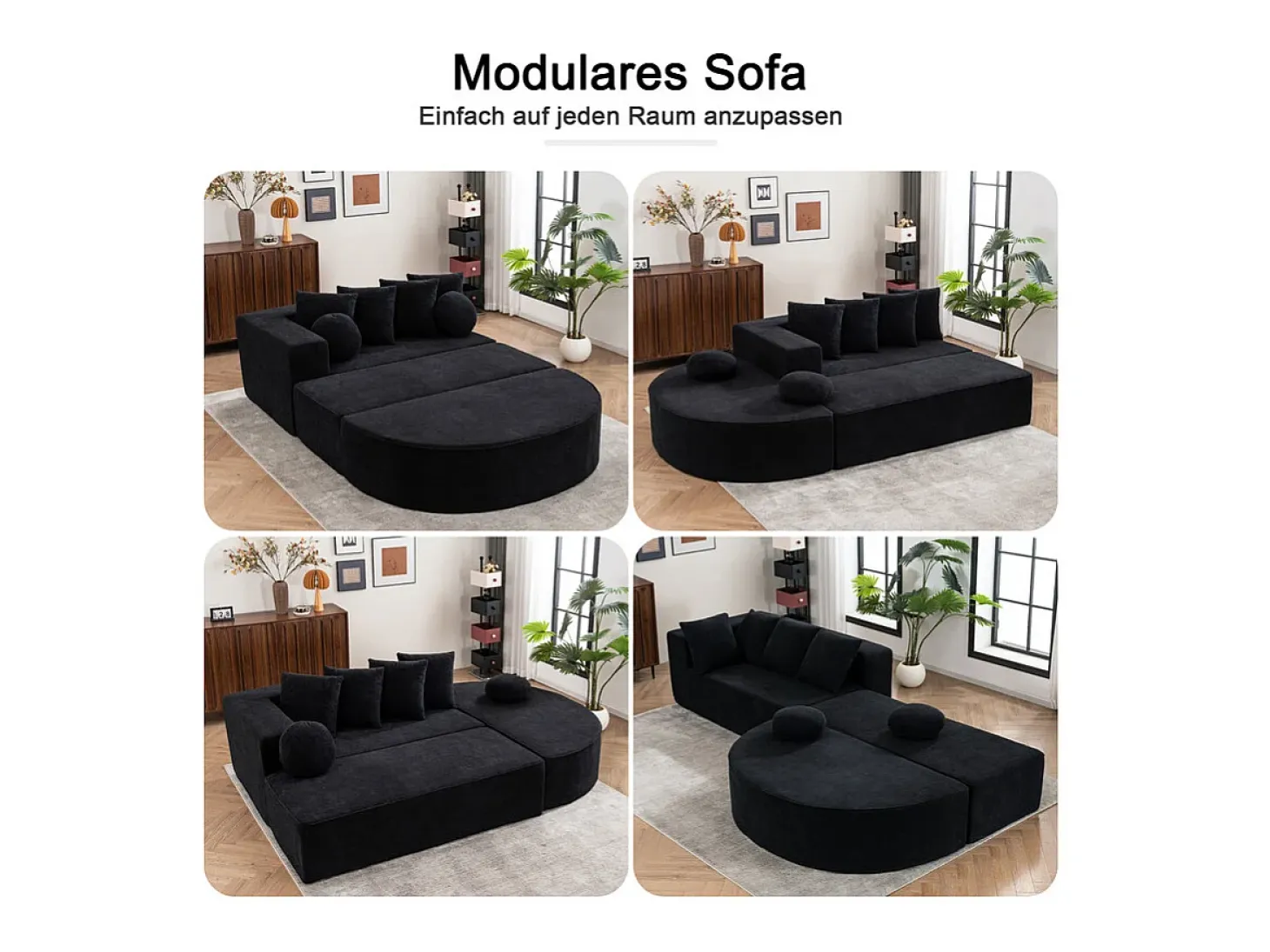 Sofá panorámico 5 plazas modular - de tejido Chenilla negro - con 6 cojines - 263x171x66cm