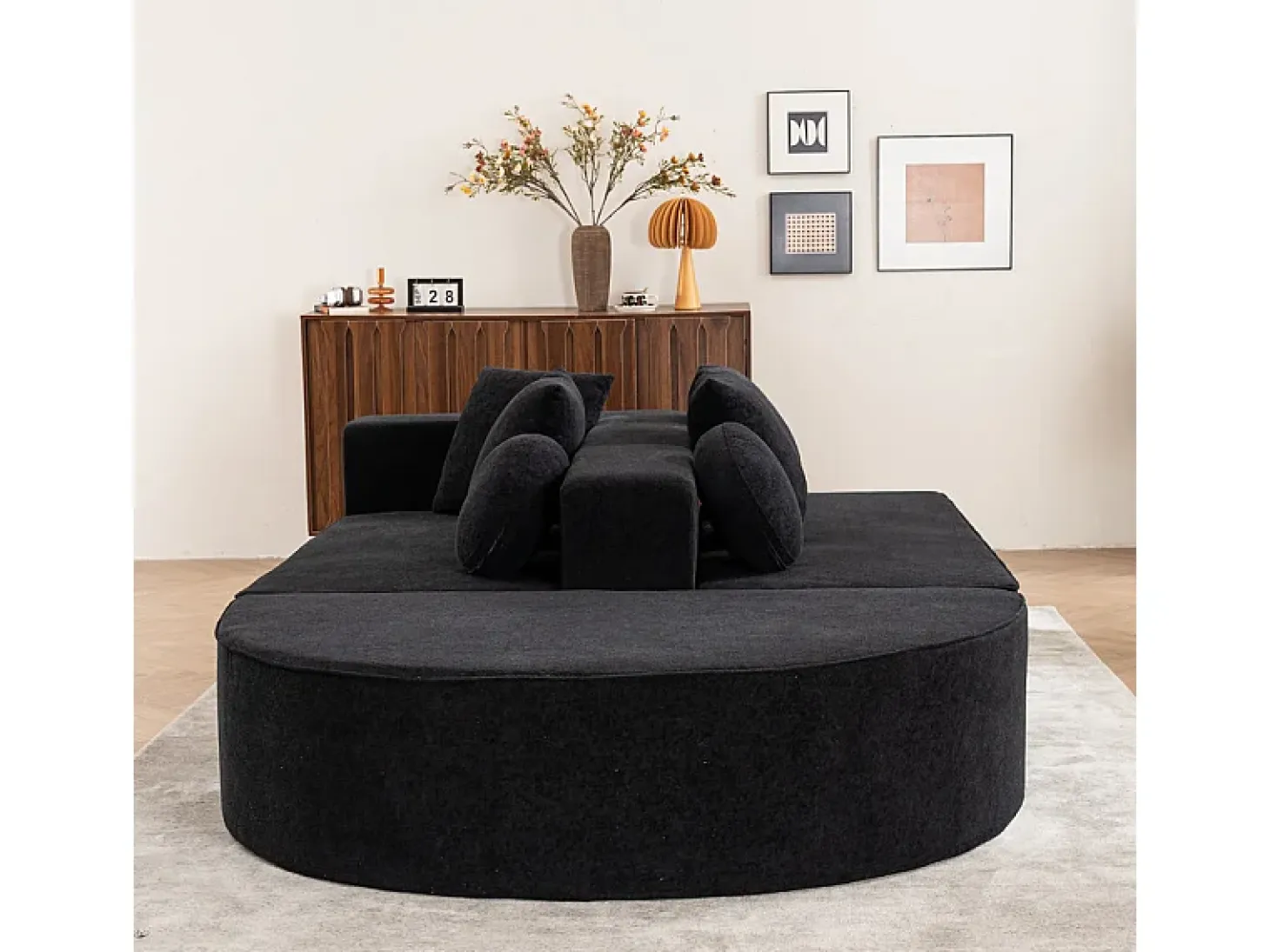 Sofá panorámico 5 plazas modular - de tejido Chenilla negro - con 6 cojines - 263x171x66cm