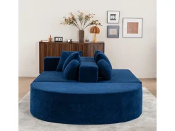 Sofá panorámico 5 plazas modular - de tejido Chenilla azul - con 6 cojines - 263x171x66cm