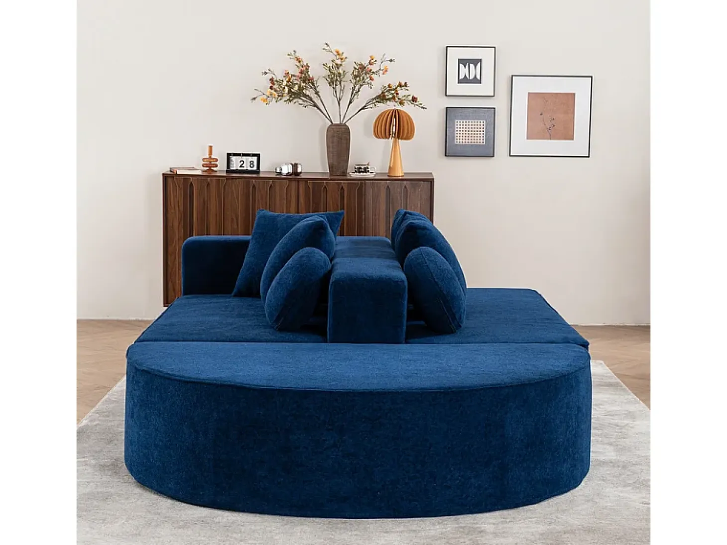 Sofá panorámico 5 plazas modular - de tejido Chenilla azul - con 6 cojines - 263x171x66cm