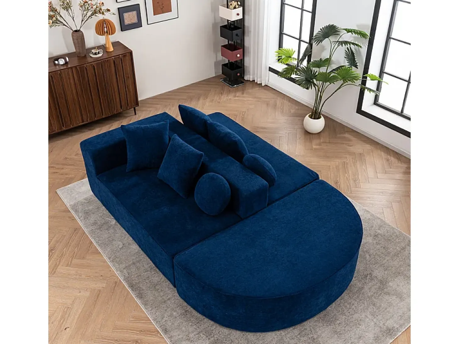 Sofá panorámico 5 plazas modular - de tejido Chenilla azul - con 6 cojines - 263x171x66cm