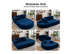 Sofá panorámico 5 plazas modular - de tejido Chenilla azul - con 6 cojines - 263x171x66cm