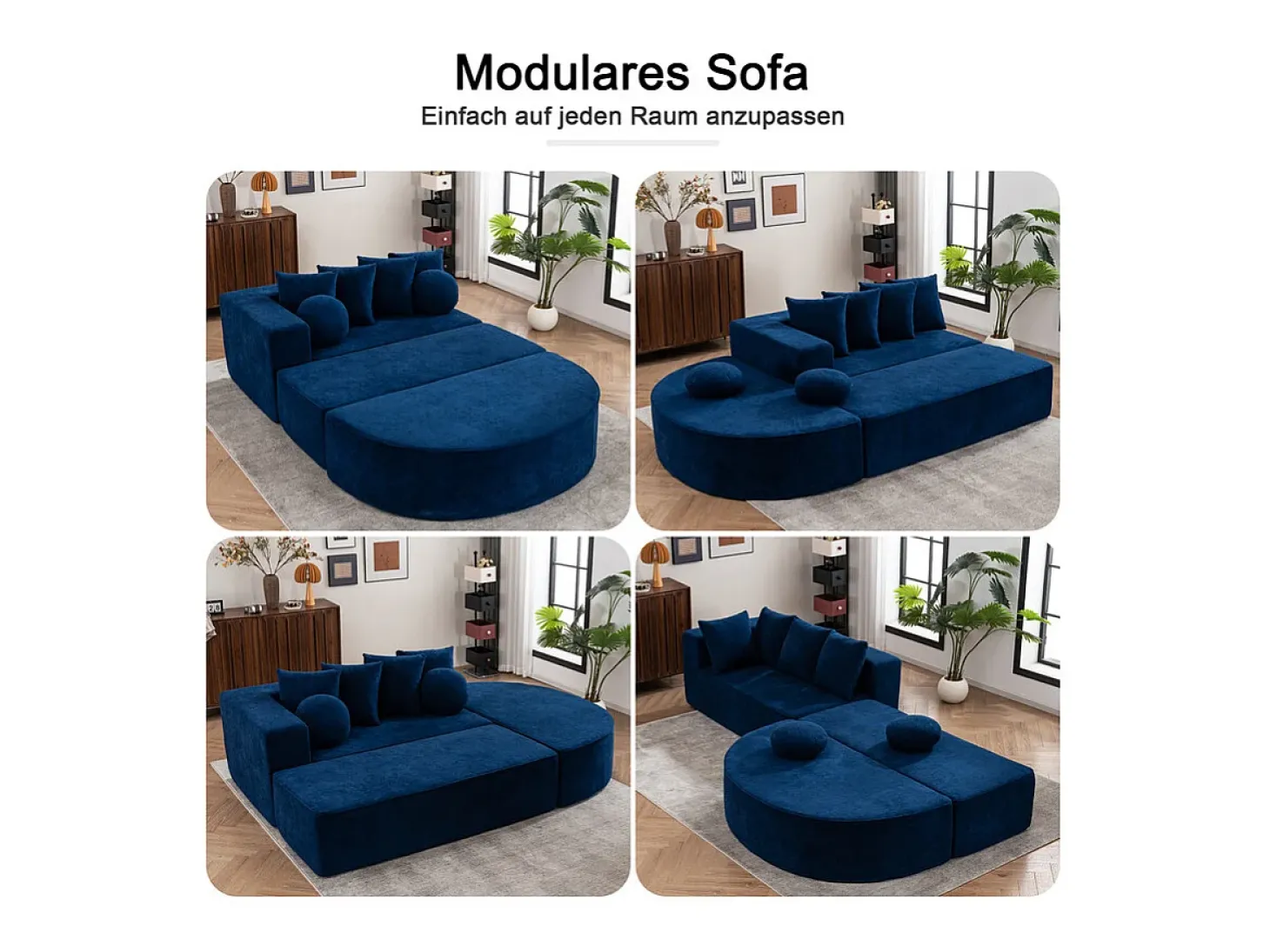 Sofá panorámico 5 plazas modular - de tejido Chenilla azul - con 6 cojines - 263x171x66cm