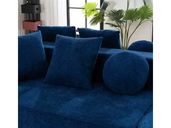 Sofá panorámico 5 plazas modular - de tejido Chenilla azul - con 6 cojines - 263x171x66cm