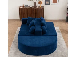 Sofá panorámico 5 plazas modular - de tejido Chenilla azul - con 6 cojines - 263x171x66cm