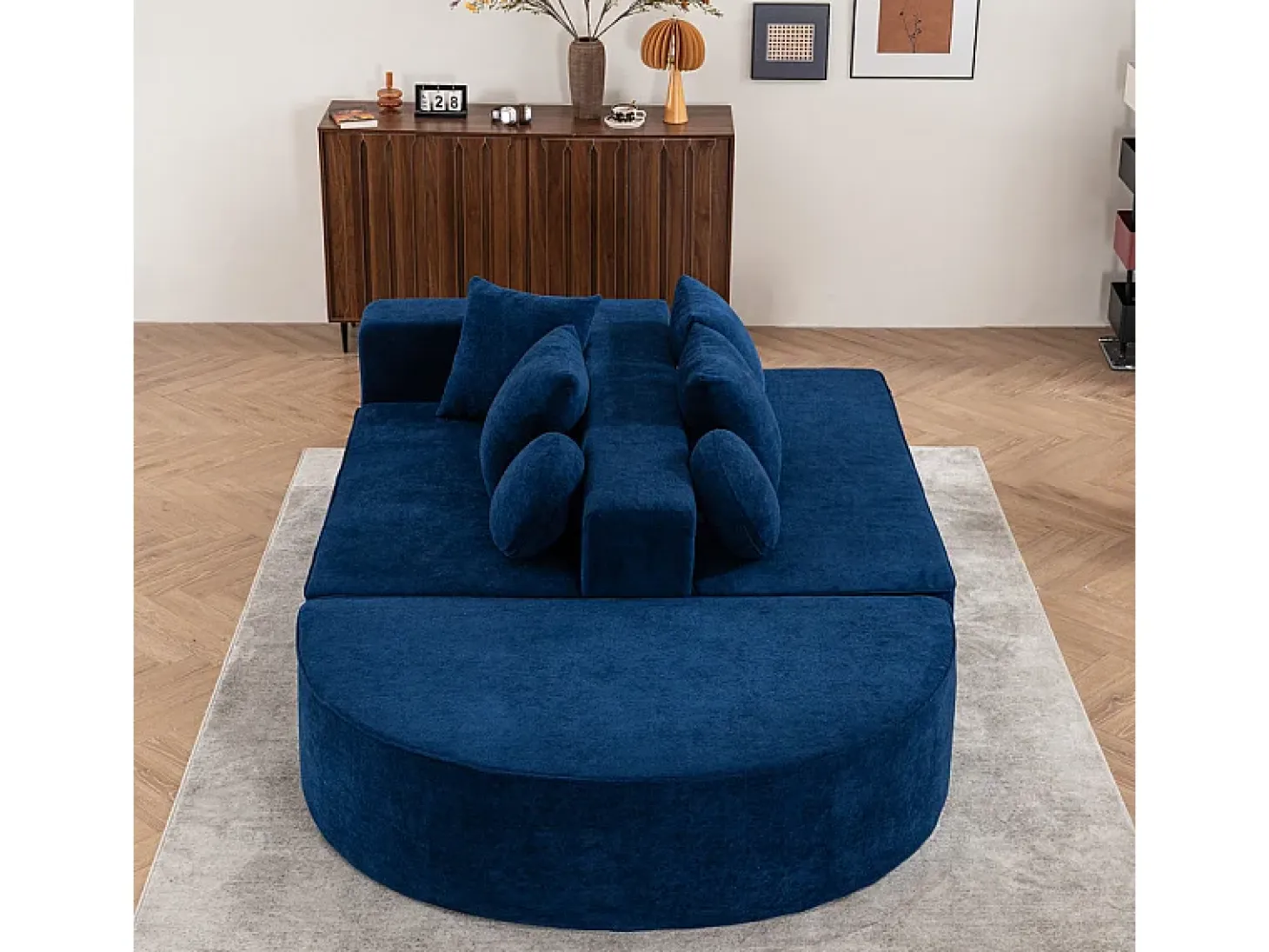 Sofá panorámico 5 plazas modular - de tejido Chenilla azul - con 6 cojines - 263x171x66cm