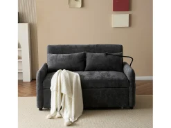 Sofá plegable de 2 plazas de chenilla gris con puerto USB y soporte para teléfono, ideal para salón y dormitorio