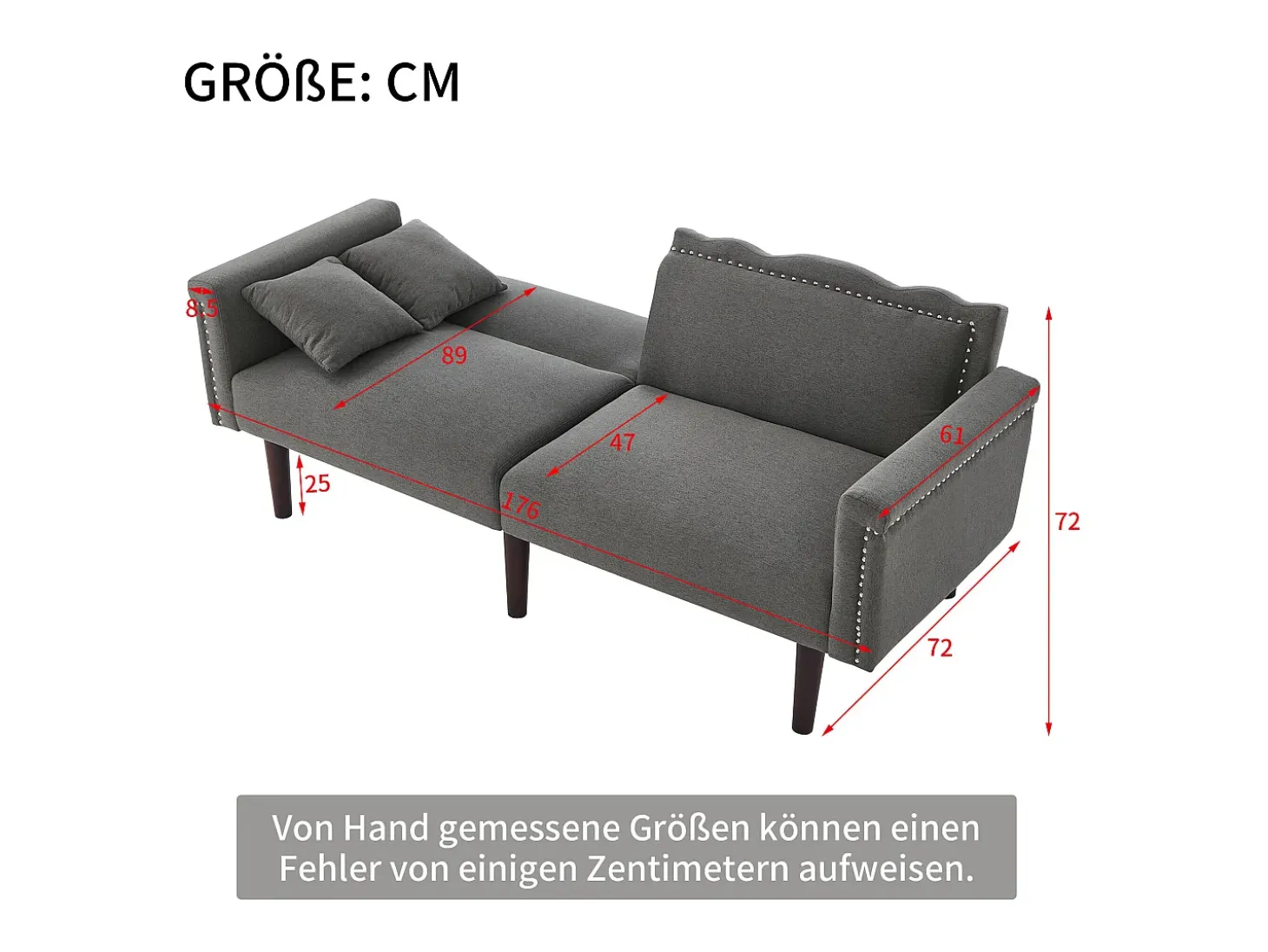 Sofá relax gris - Sofá con respaldo regulable y 6 patas de madera - para salón y dormitorio
