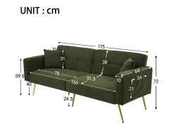 Sofá relax verde - Sofá con cojines y bolsillos de almacenamiento - patas doradas - para sala de estar y dormitorio