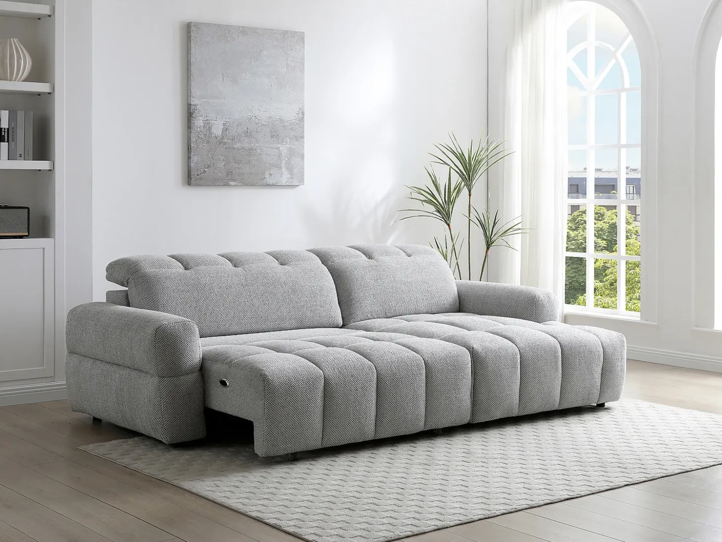 Sofá rinconera derecha relax con asiento deslizante eléctrico en tela gris CARIALA