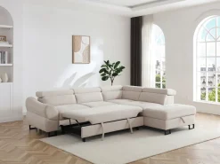 Sofá rinconera derecho convertible en tela texturizada beige VAVERDO