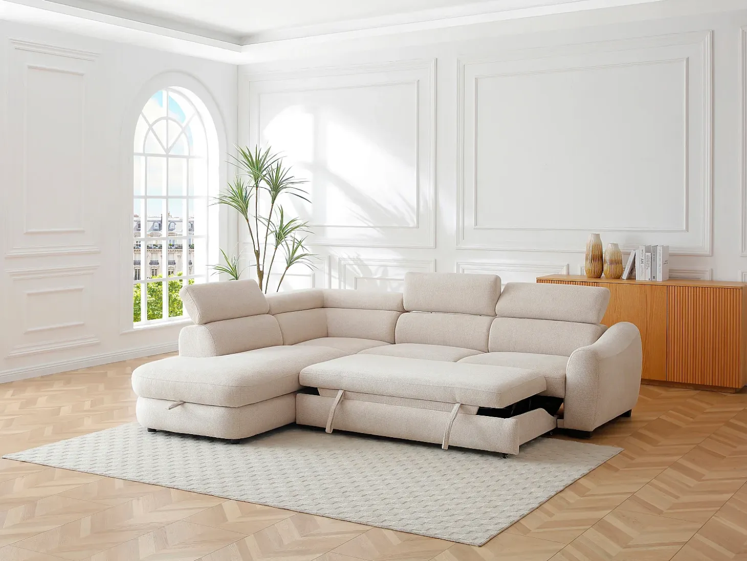 Sofá rinconera izquierda convertible en tela texturizada beige BESEMA