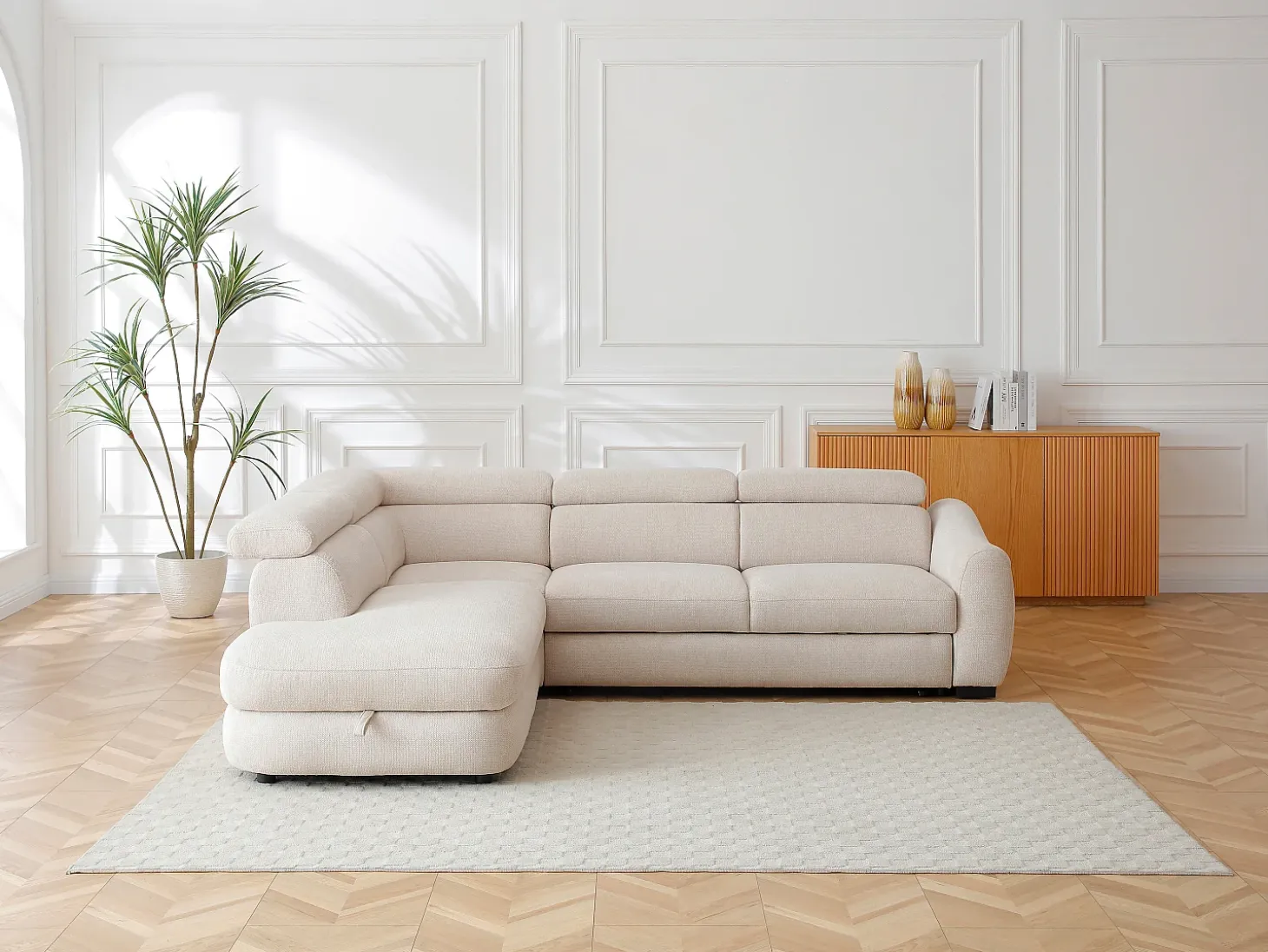 Sofá rinconera izquierda convertible en tela texturizada beige BESEMA