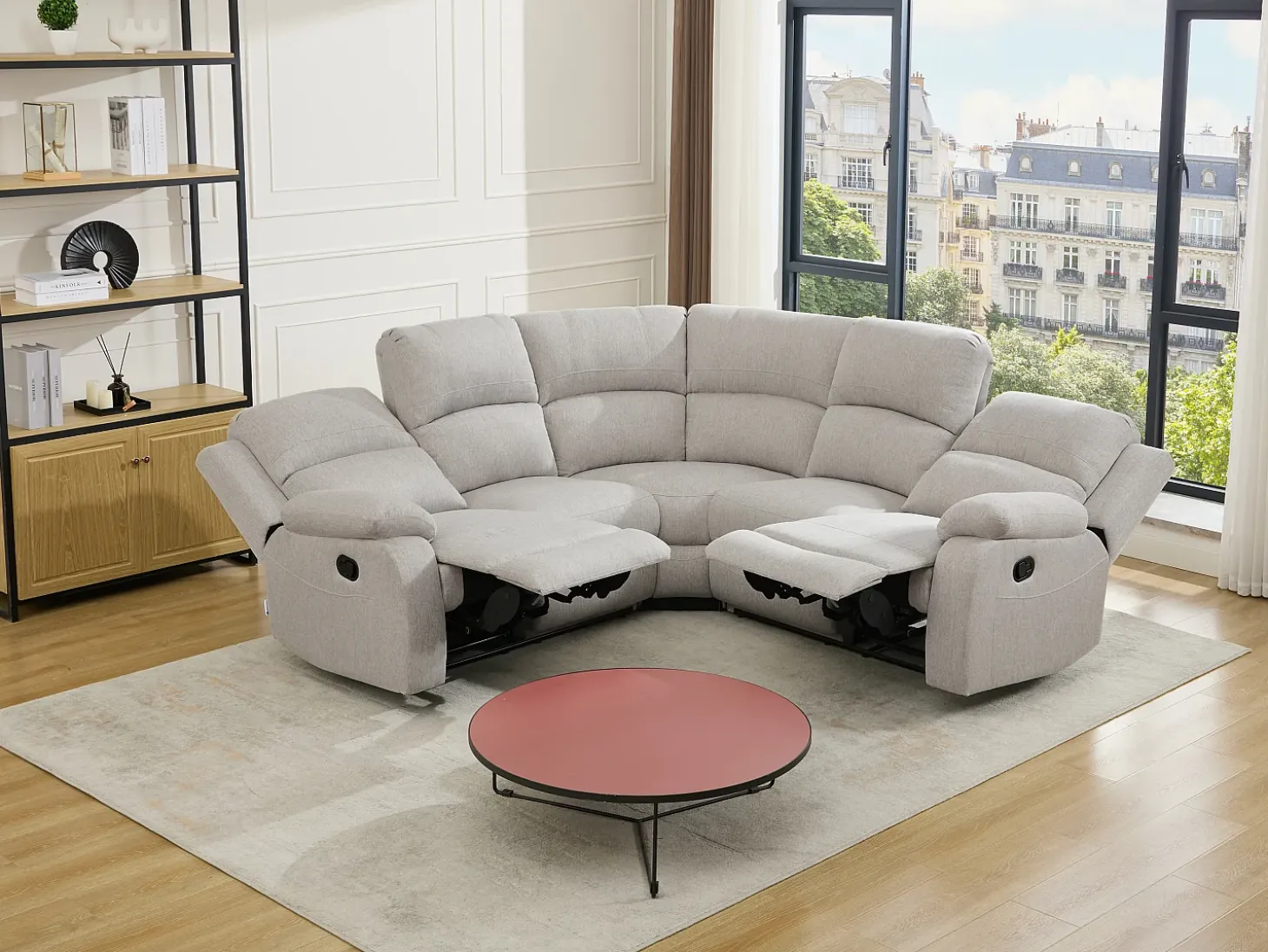 Sofá rinconera reclinable de tela jaspeado color beige RIETI