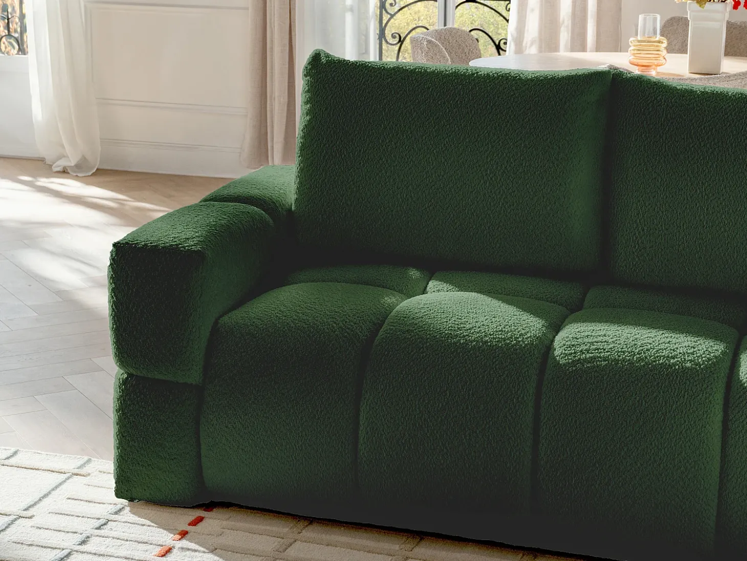 Sofá rinconera reversible convertible en tela de bucle verde ISSORO