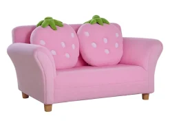 Sofá rosa de 2 plazas - Sofá infantil con 2 cojines y reposabrazos con estampado de fresas